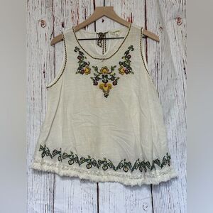 Max Studio Cream Top with Blue and Yellow Trim